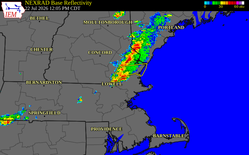 NEXRAD radar during the Wednesday, July 22, 2026 storm activity in Rockingham County, New Hampshire