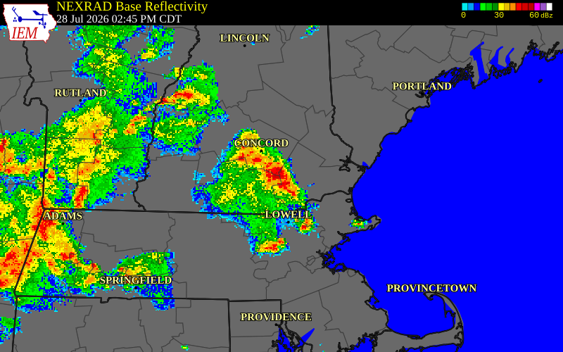 NEXRAD radar during the Tuesday, July 28, 2026 storm activity in Rockingham County, New Hampshire
