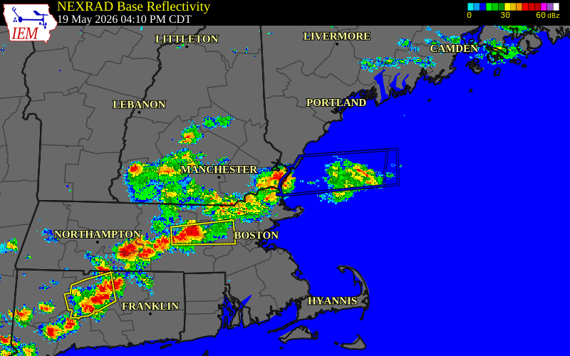 Radar snapshot during the May 19, 2026 wind event near 3 S Rye, Rockingham County, New Hampshire, with NWS warning polygons