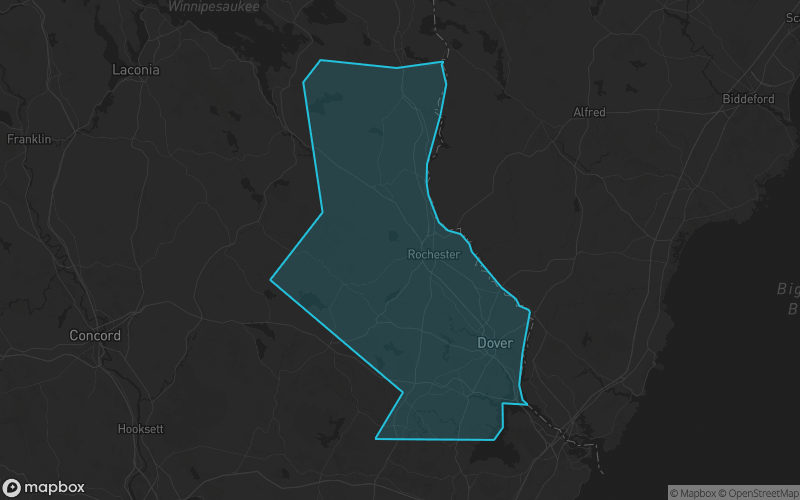 Map of Strafford County, New Hampshire showing the county boundary and surrounding cities