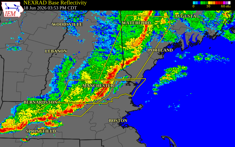 NEXRAD radar during the Thursday, June 18, 2026 storm activity in Strafford County, New Hampshire