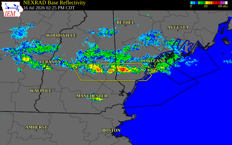NEXRAD radar during the Thursday, July 16, 2026 storm activity in Strafford County, New Hampshire