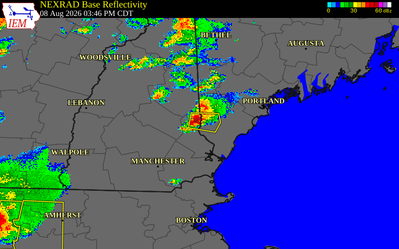 NEXRAD radar during the Saturday, August 8, 2026 storm activity in Strafford County, New Hampshire