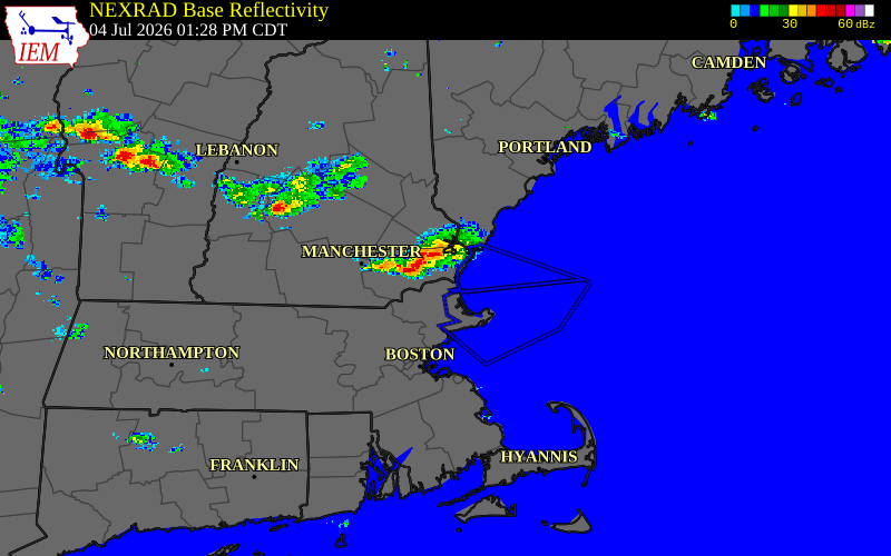 Radar snapshot during the Jul 4, 2026 wind event near Strafford County, Strafford County, New Hampshire, with NWS warning polygons