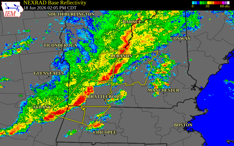 NEXRAD radar during the Thursday, June 18, 2026 storm activity in Sullivan County, New Hampshire