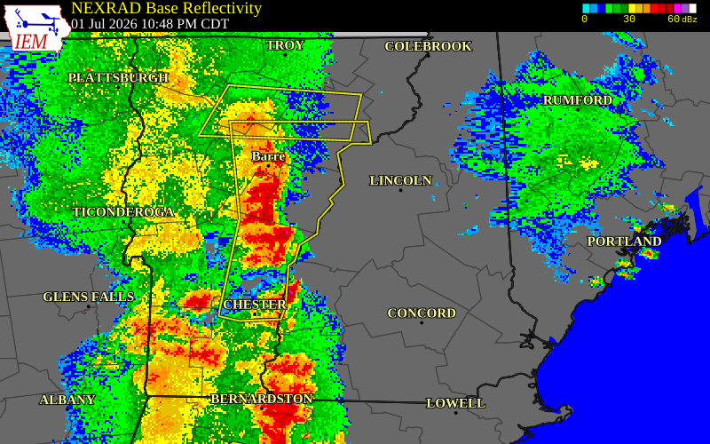 NEXRAD radar during the Wednesday, July 1, 2026 storm activity in Sullivan County, New Hampshire