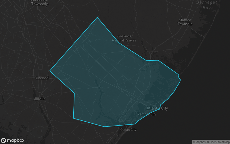 Map of Atlantic County, New Jersey showing the county boundary and surrounding cities
