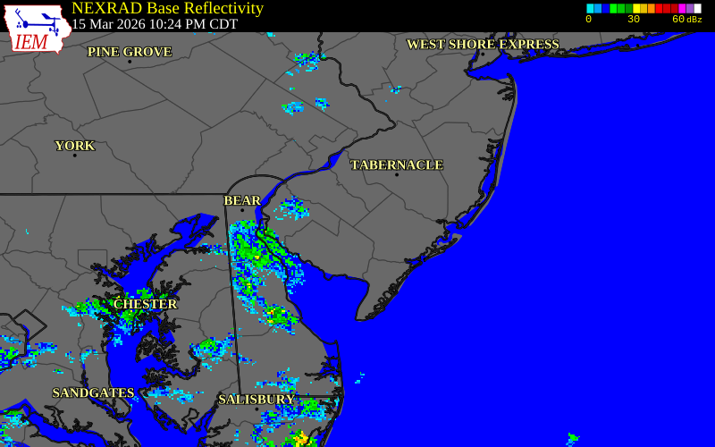 NEXRAD radar during the Sunday, March 15, 2026 storm activity in Atlantic County, New Jersey