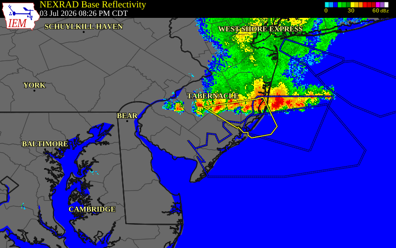 NEXRAD radar during the Friday, July 3, 2026 storm activity in Atlantic County, New Jersey