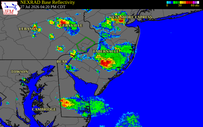 NEXRAD radar during the Monday, July 27, 2026 storm activity in Atlantic County, New Jersey