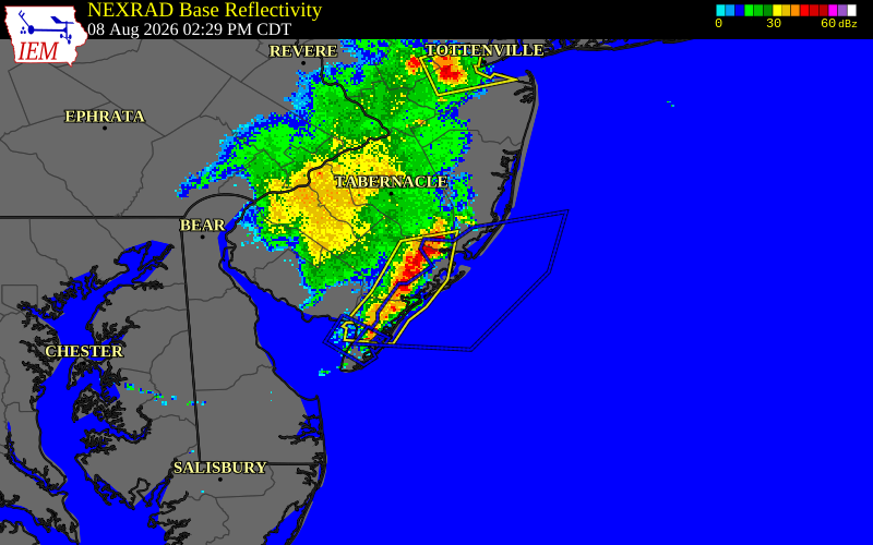NEXRAD radar during the Saturday, August 8, 2026 storm activity in Atlantic County, New Jersey