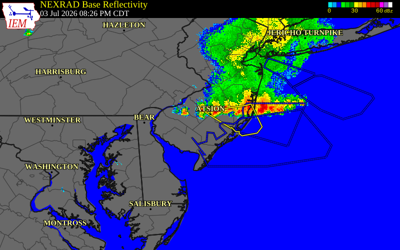 Radar snapshot during the Jul 3, 2026 wind event near 2 WSW Folsom, Atlantic County, New Jersey, with NWS warning polygons