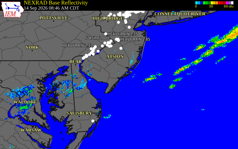 Current NEXRAD radar over Atlantic County, New Jersey with recent storm report locations