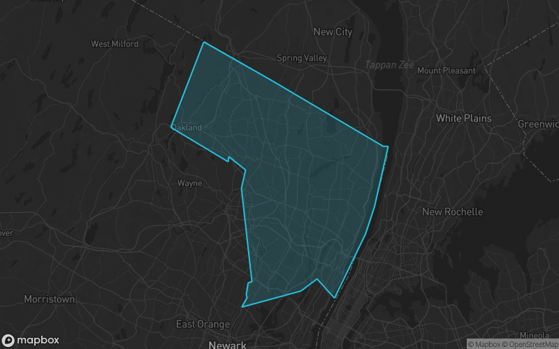 Map of Bergen County, New Jersey showing the county boundary and surrounding cities