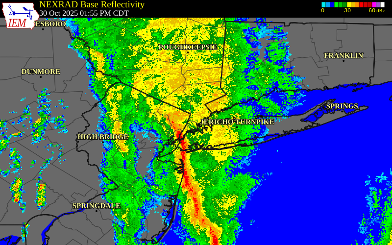 NEXRAD radar during the Thursday, October 30, 2025 storm activity in Bergen County, New Jersey