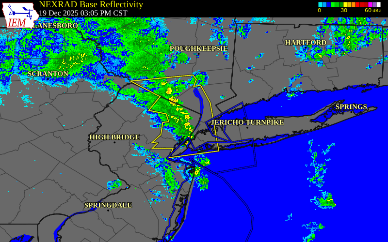 NEXRAD radar during the Friday, December 19, 2025 storm activity in Bergen County, New Jersey