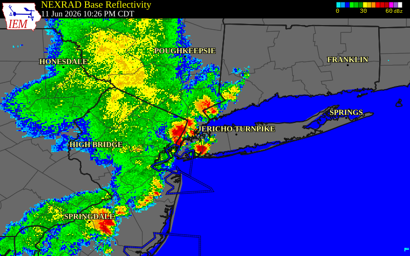 NEXRAD radar during the Thursday, June 11, 2026 storm activity in Bergen County, New Jersey