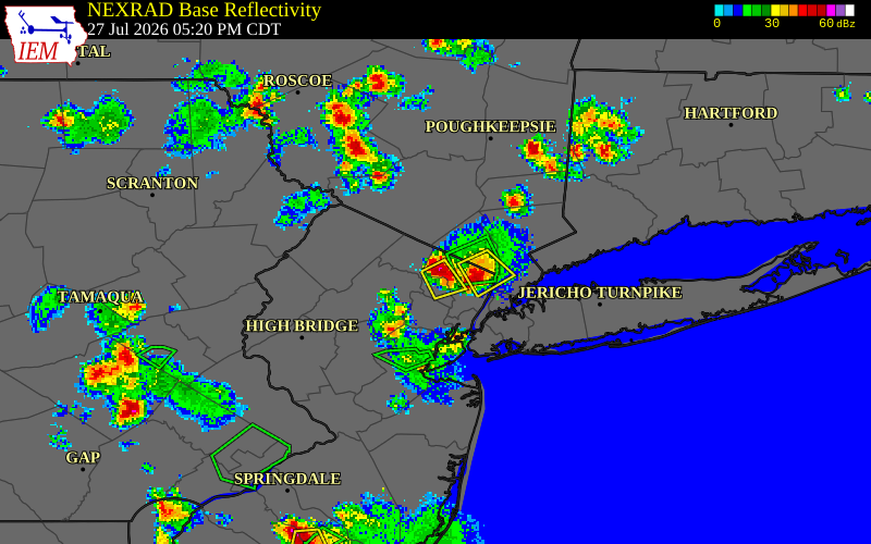 NEXRAD radar during the Monday, July 27, 2026 storm activity in Bergen County, New Jersey