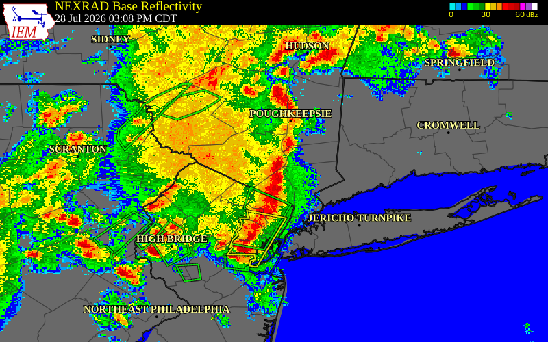 NEXRAD radar during the Tuesday, July 28, 2026 storm activity in Bergen County, New Jersey