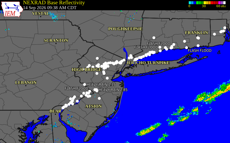 Current NEXRAD radar over Bergen County, New Jersey with recent storm report locations