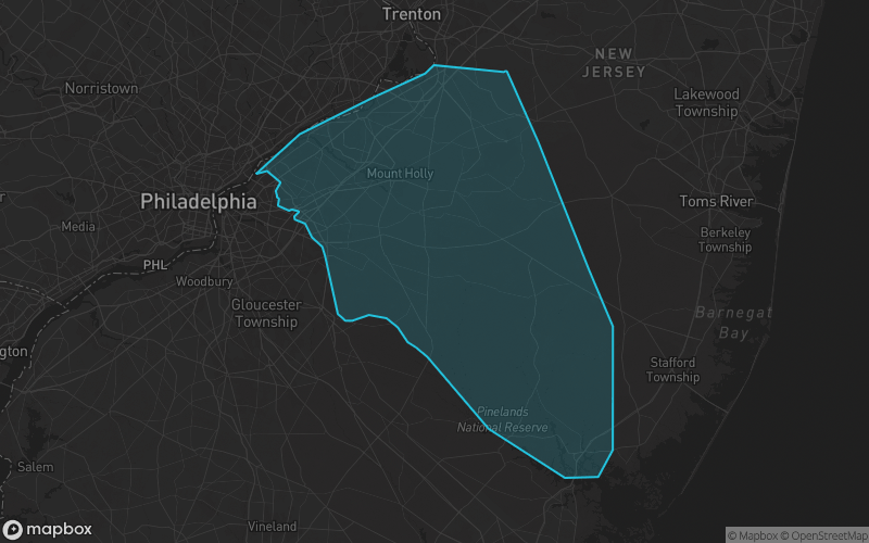 Map of Burlington County, New Jersey showing the county boundary and surrounding cities
