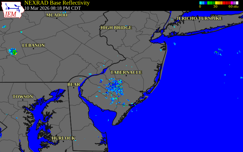 NEXRAD radar during the Tuesday, March 10, 2026 storm activity in Burlington County, New Jersey