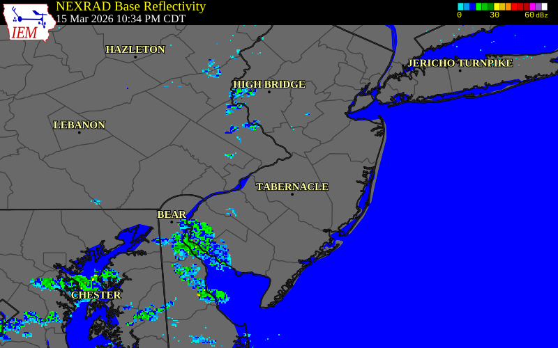 NEXRAD radar during the Sunday, March 15, 2026 storm activity in Burlington County, New Jersey