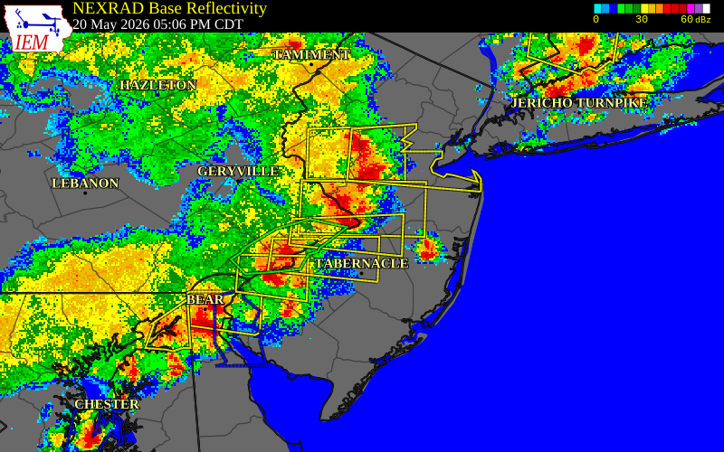 NEXRAD radar during the Wednesday, May 20, 2026 storm activity in Burlington County, New Jersey