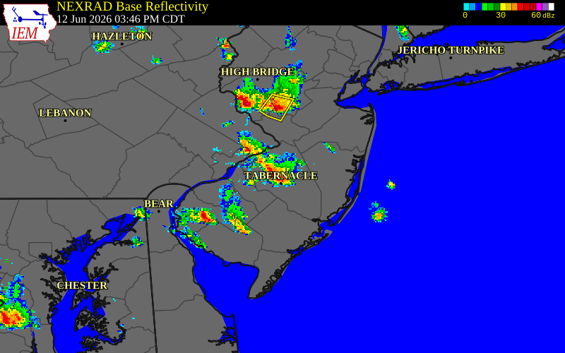 NEXRAD radar during the Friday, June 12, 2026 storm activity in Burlington County, New Jersey