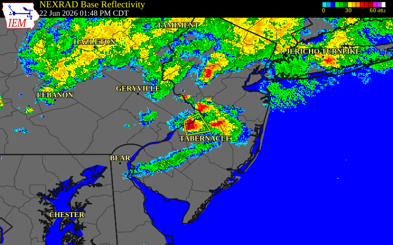 NEXRAD radar during the Monday, June 22, 2026 storm activity in Burlington County, New Jersey