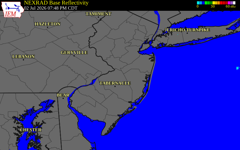 NEXRAD radar during the Thursday, July 2, 2026 storm activity in Burlington County, New Jersey
