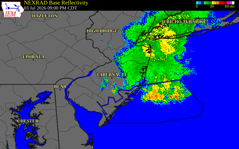 NEXRAD radar during the Friday, July 3, 2026 storm activity in Burlington County, New Jersey