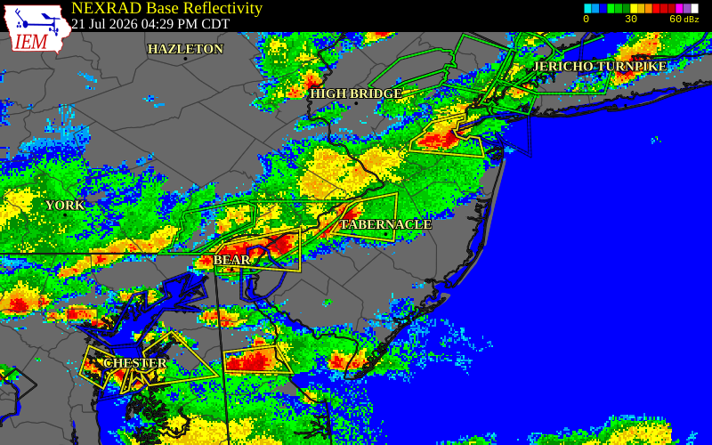 NEXRAD radar during the Tuesday, July 21, 2026 storm activity in Burlington County, New Jersey