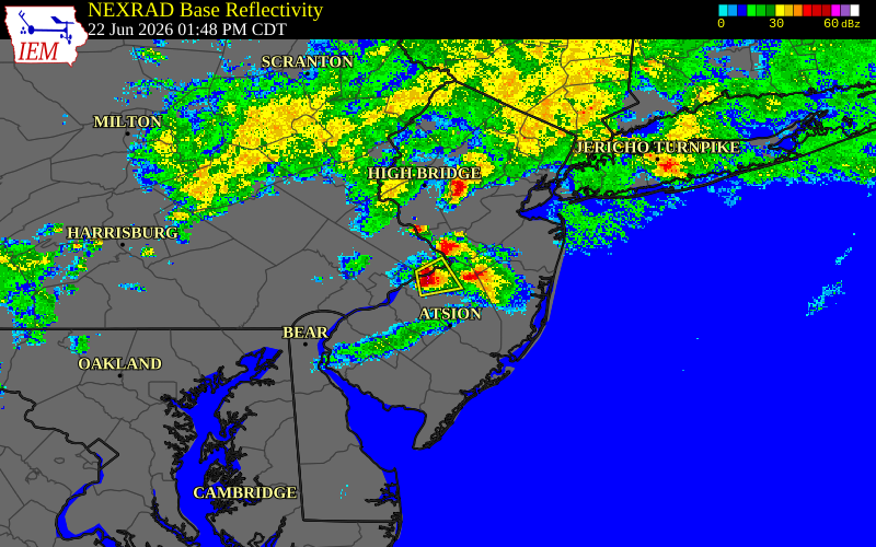 Radar snapshot during the Jun 22, 2026 hail event near 1 NE Burlington Twp, Burlington County, New Jersey, with NWS warning polygons