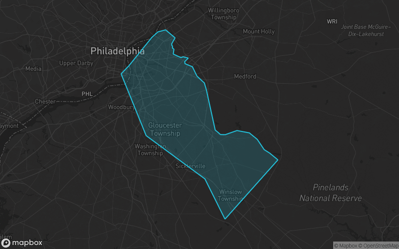 Map of Camden County, New Jersey showing the county boundary and surrounding cities
