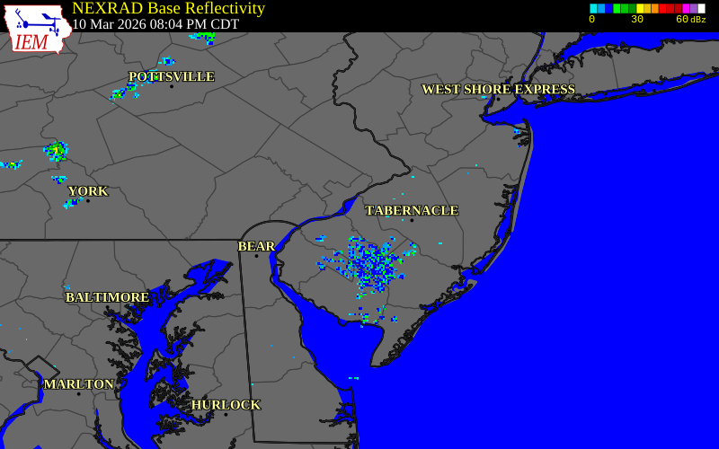 NEXRAD radar during the Tuesday, March 10, 2026 storm activity in Camden County, New Jersey