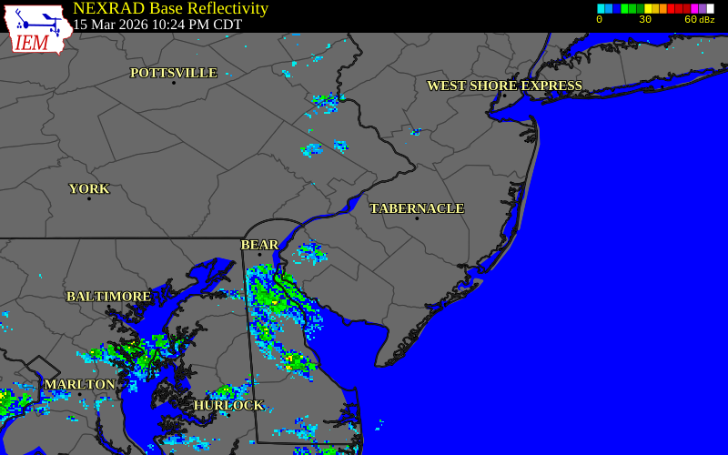 NEXRAD radar during the Sunday, March 15, 2026 storm activity in Camden County, New Jersey
