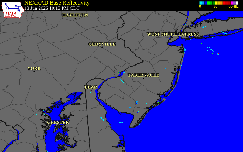 NEXRAD radar during the Saturday, June 13, 2026 storm activity in Camden County, New Jersey