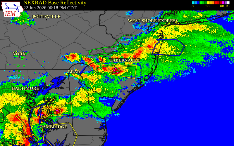 NEXRAD radar during the Monday, June 22, 2026 storm activity in Camden County, New Jersey