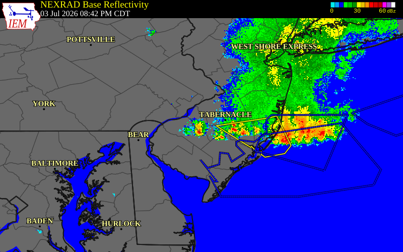 NEXRAD radar during the Friday, July 3, 2026 storm activity in Camden County, New Jersey