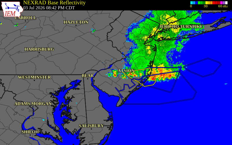Radar snapshot during the Jul 3, 2026 wind event near 1 SW Pine Valley, Camden County, New Jersey, with NWS warning polygons