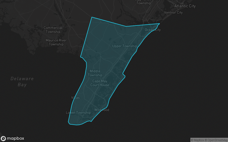 Map of Cape May County, New Jersey showing the county boundary and surrounding cities