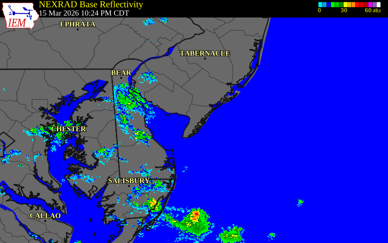 NEXRAD radar during the Sunday, March 15, 2026 storm activity in Cape May County, New Jersey