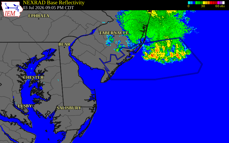 NEXRAD radar during the Friday, July 3, 2026 storm activity in Cape May County, New Jersey