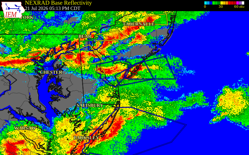 NEXRAD radar during the Tuesday, July 21, 2026 storm activity in Cape May County, New Jersey