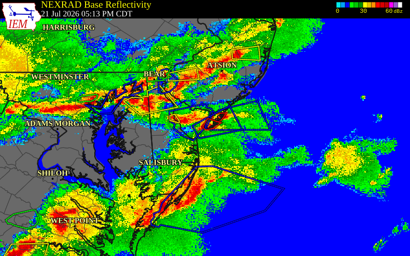 Radar snapshot during the Jul 21, 2026 tornado event near Cape May Point, Cape May County, New Jersey, with NWS warning polygons