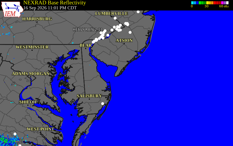 Current NEXRAD radar over Cape May County, New Jersey with recent storm report locations