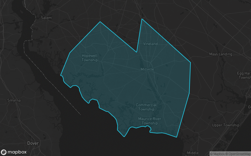 Map of Cumberland County, New Jersey showing the county boundary and surrounding cities
