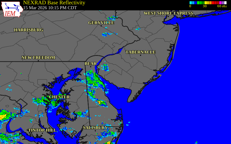 NEXRAD radar during the Sunday, March 15, 2026 storm activity in Cumberland County, New Jersey
