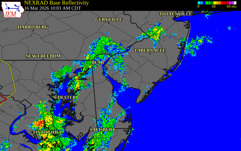 NEXRAD radar during the Monday, March 16, 2026 storm activity in Cumberland County, New Jersey